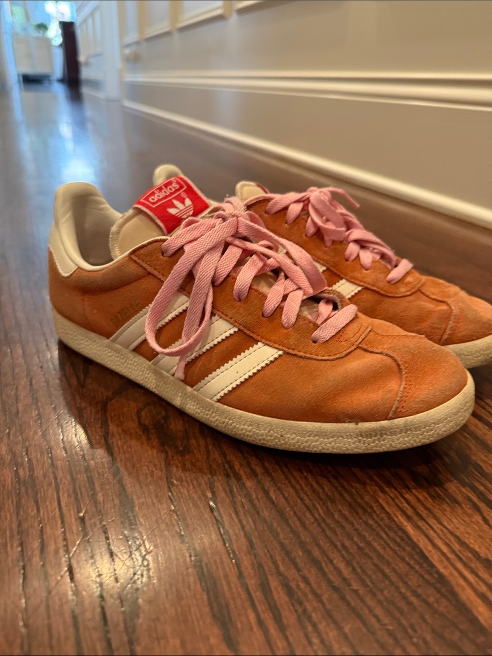 adidas Women's Orange Suede Sneakers with Pink Laces